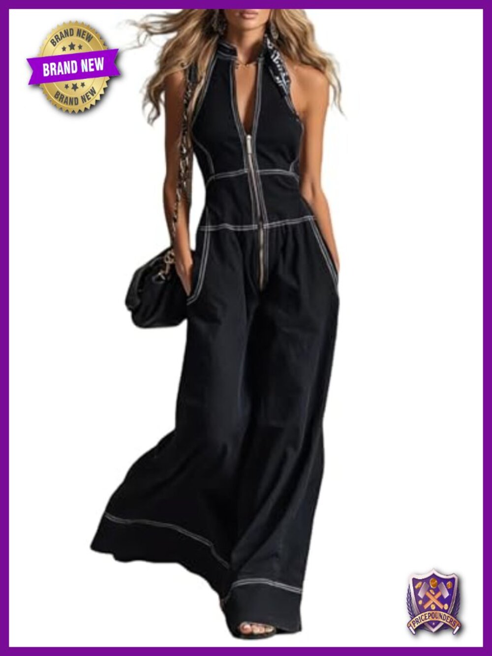 Women's Zipper Front Halter Wide Leg Jumpsuit Rayon Polyester Blend Casual